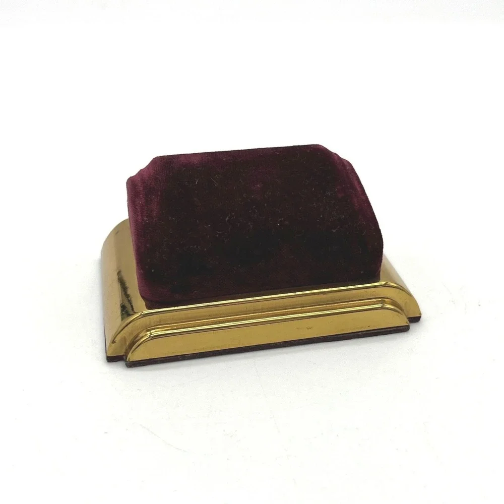 Stunning Art Deco Burgundy Velvet Gold Tone Metal Base Ring Jewelry Display Box
